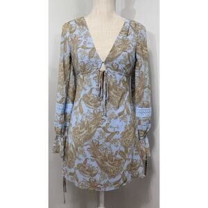 NEW Urban Outfitters Paisley Boho Charlene Blue Motif Long Sleeve Mini Dress XS